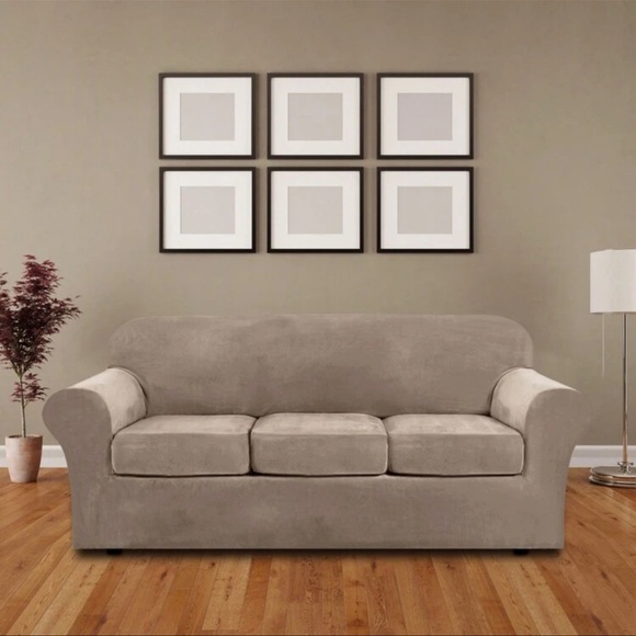 Elegant Velour Beige Stretchy Sofa Cover - Picture 1 of 7